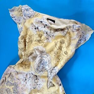 Vintage 90s Y2K B. Darlin Cowl Neck Yellow Floral Short Cap Sleeve Midi Dress